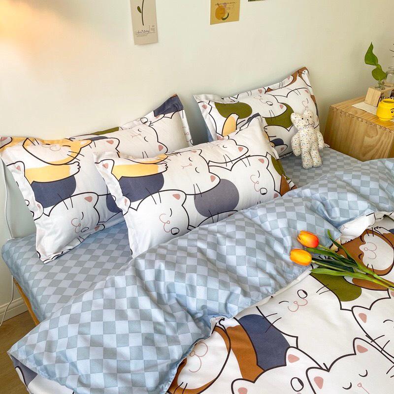 Bộ chăn ga gối Cotton poly M2T bedding vỏ chăn mền, drap ga giường và 2 vỏ gối nằm họa tiết mèo nhí nhố