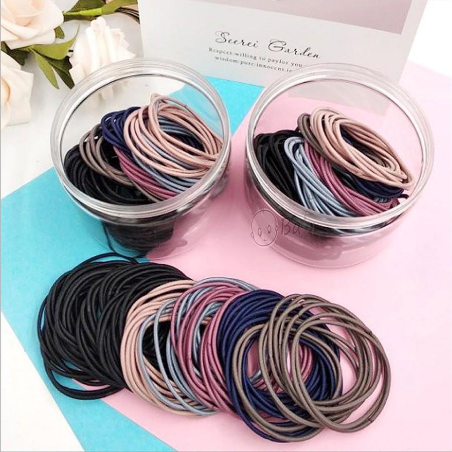 Set 100 Cái Chun Buộc Tóc Hàn Quốc Trơn Nhiều Màu Kèm Túi Zip 93HEY CBT01