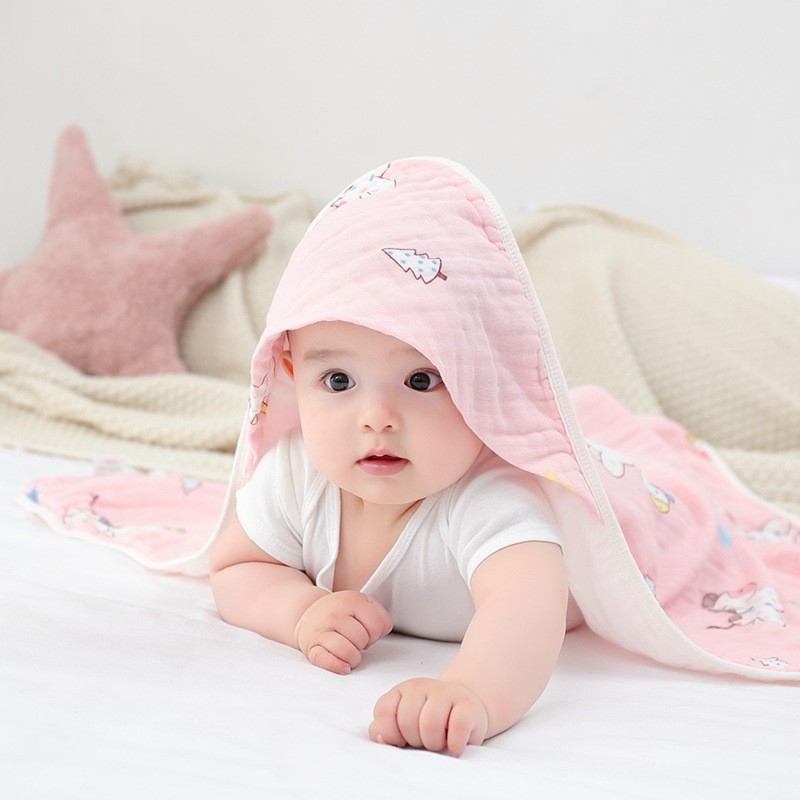 Khăn ủ sơ sinh cotton Babiboo có mũ trùm đầu họa tiết dễ thương cho bé