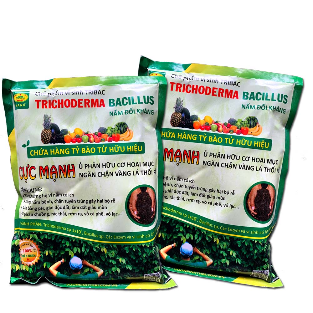 Combo 2 gói Chế phẩm vi sinh Trichoderma TRIBAC 1kg. Ủ phân rác bã hữu cơ hoai mục không mùi hôi. Đối kháng nấm hại, khống chế thối rễ. HSD: 2 năm