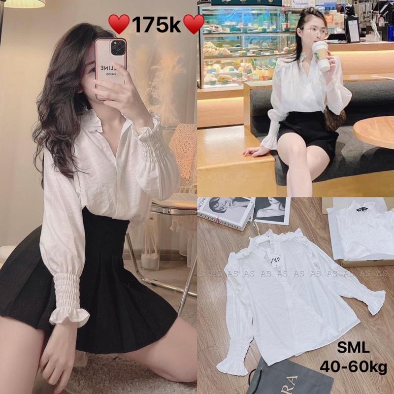 Áo sơ mi nữ cổ bèo cách điệu tay chun sang chảnh
