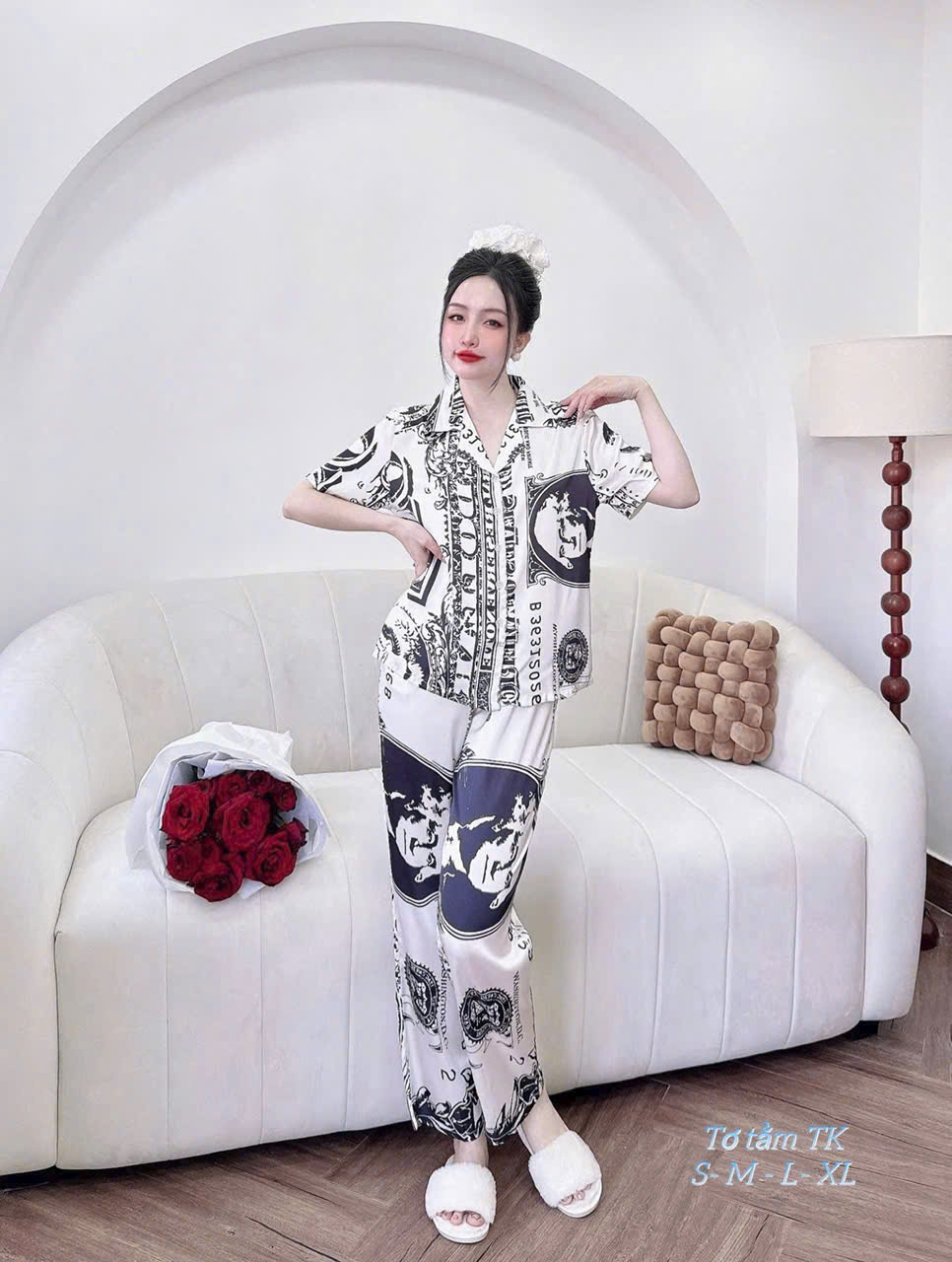 Đồ bộ ngủ Pyjama lụa tơ tay ngắn quần dài pattern