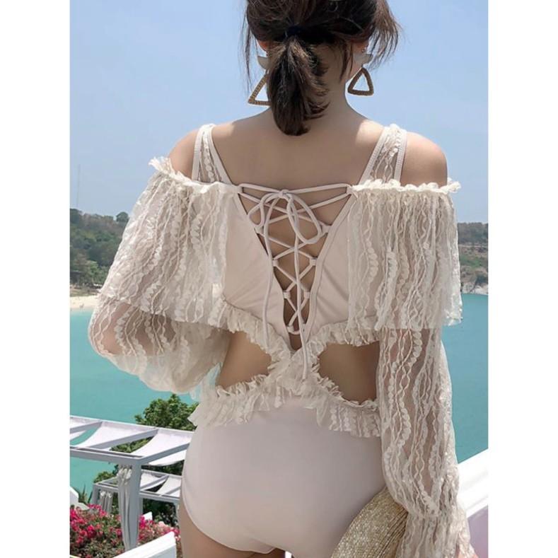 Bikini Áo Tắm Ren Dài Tay Quảng Châu Hottrend 2021 Bánh Bèo Khoét Eo Sexy Gợi Cảm Che Khuyết Điểm