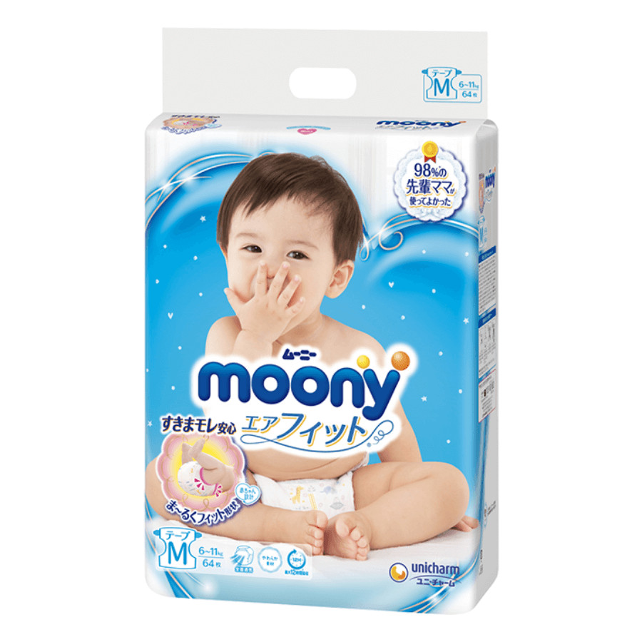 Bỉm - Tã dán Moony Blue size M 64 miếng (Cho bé 6~11kg)