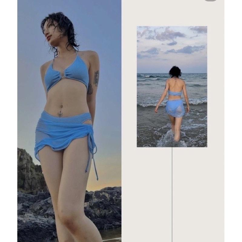 Bikini 3 mảnh kèm chân váy sexy màu xanh biển