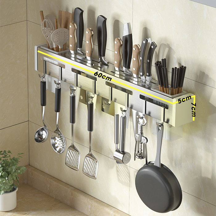 Giá kệ để dao, đũa, thớt INOX 60cm, giá treo đa năng nhà bếp kèm 8 móc