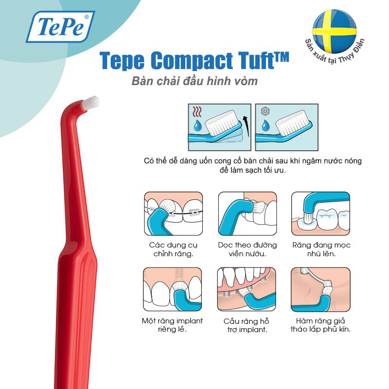 Bàn chải đánh răng đầu hình vòm cho người niềng răng, chỉnh nha, răng implant riêng lẻ Tepe Compact Tuft - Màu ngẫu nhiên
