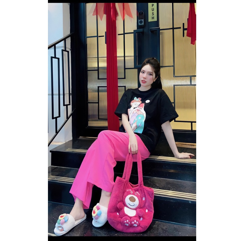 Đồ bộ Dài Áo Thun Cô Gái Quần Hồng Ống Rộng DOMIN