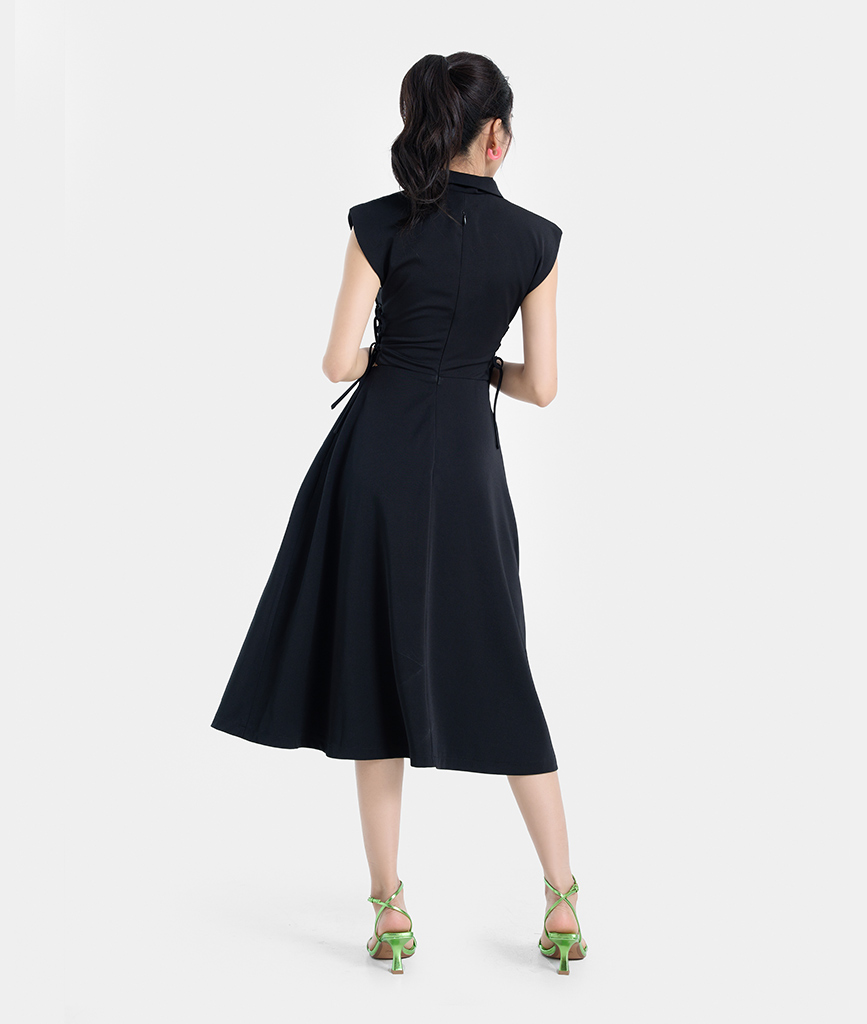 Đầm Lửng Nữ Thời Trang HNOSS Cổ Vest Thắt Eo HNDLU093