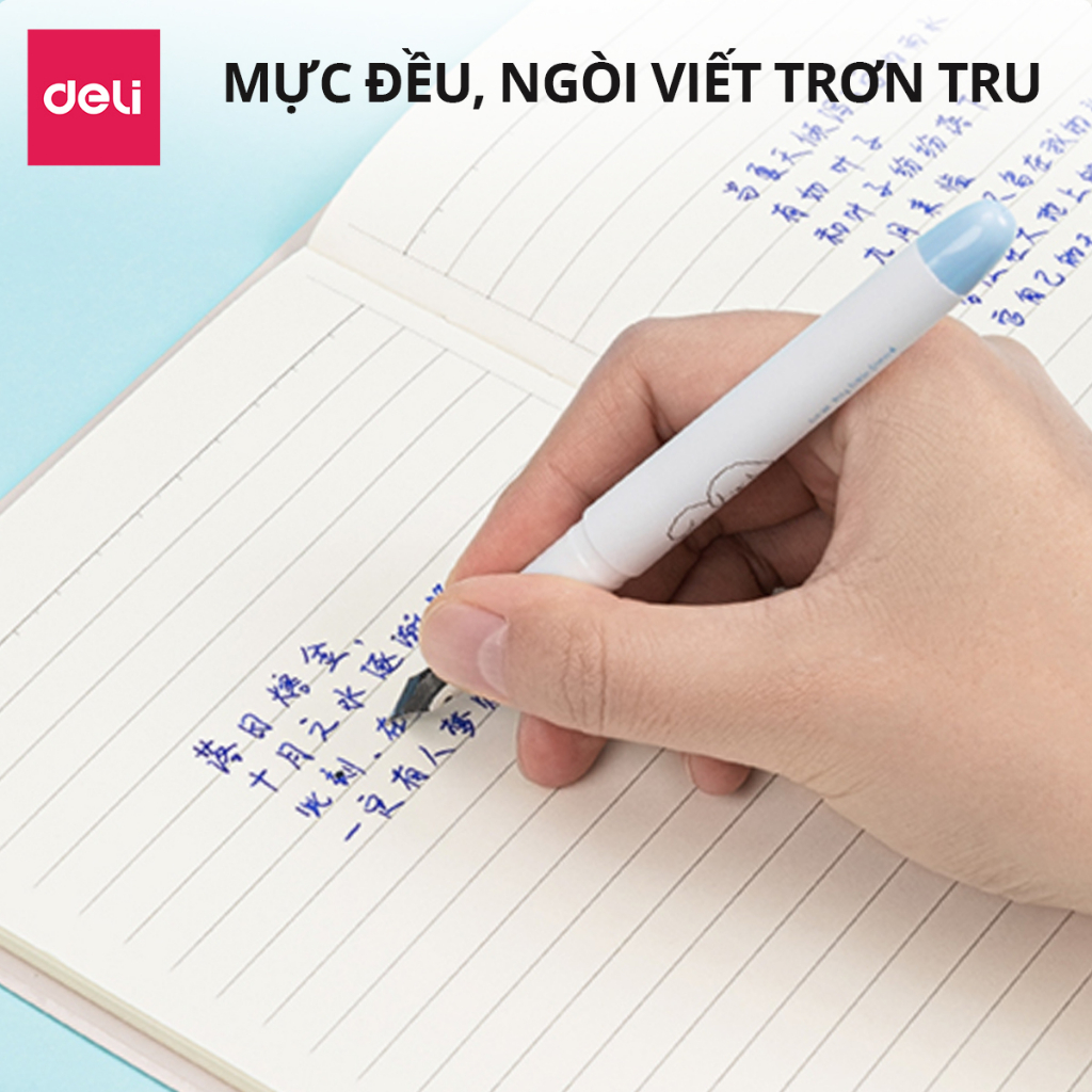 Bộ bút máy học sinh kèm ống mực xanh cao cấp tẩy được Deli, bút luyện viết chữ đẹp, họa tiết dễ thương có bút tẩy mực