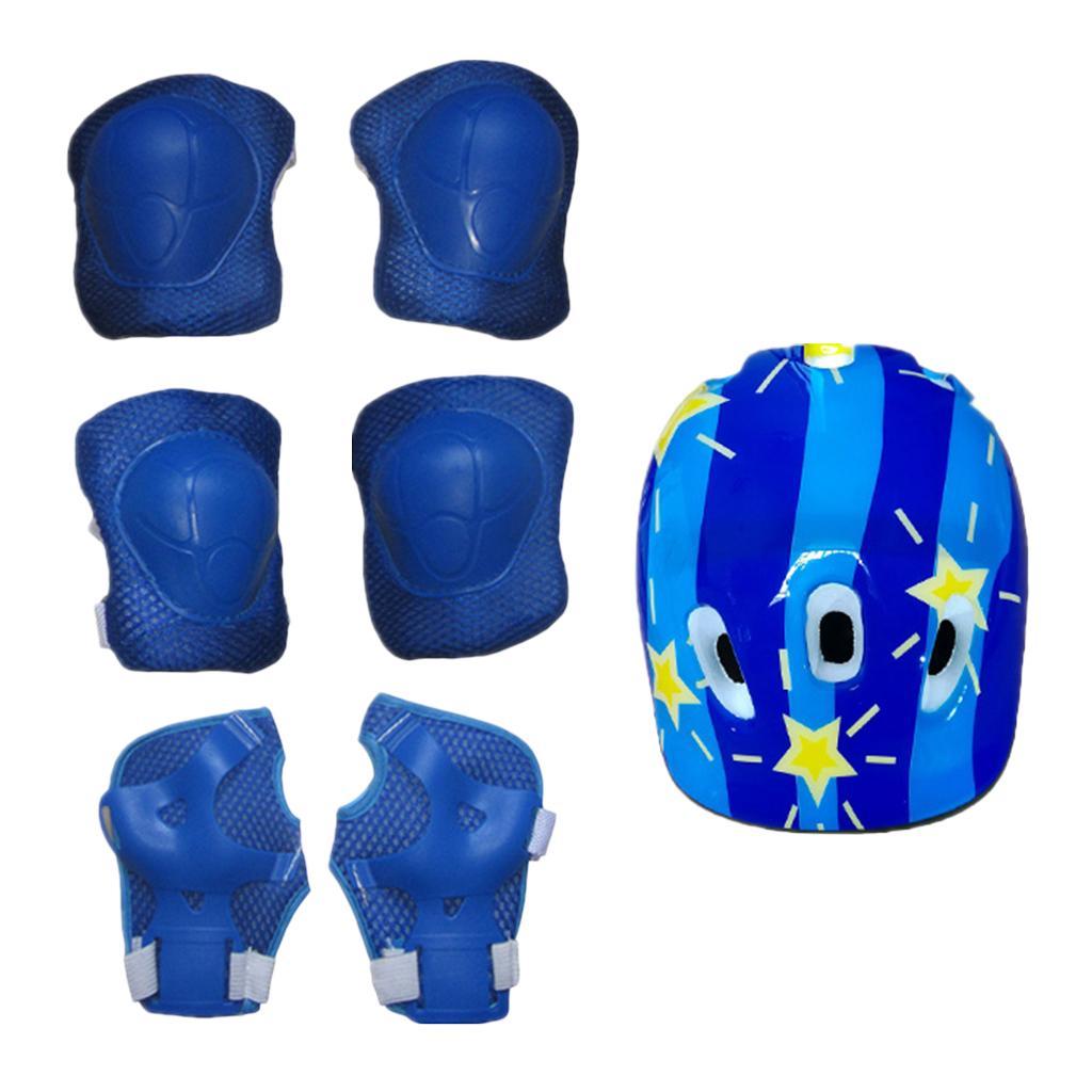 Set of 7 Pcs Kids Adult Roller Skating Helmet Knee Wrist Guard Elbow Pad Blue