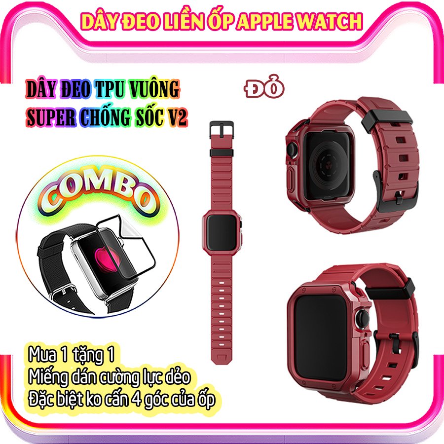 Dây Đeo khung ốp rời dành cho Apple Watch size 38/40/42/44mm TPU vuông SUPPER chống sốc V2 - Đỏ (tặng dán KCL theo size)