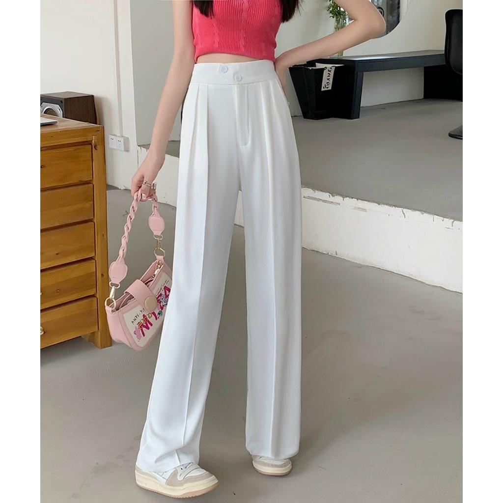 Quần culottes ống rộng suông dài, Quần tây lưng cao 2 cúc xéo chất dày cao cấp