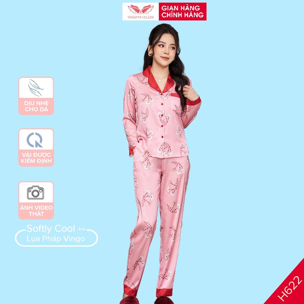 Đồ Bộ Ngủ Nữ Pijama Mặc Nhà VINGO Lụa Pháp Cao Cấp Tay Dài Quần Dài Họa Tiết Hoa Trắng Sang Trọng Mùa Đông H622 VNGO