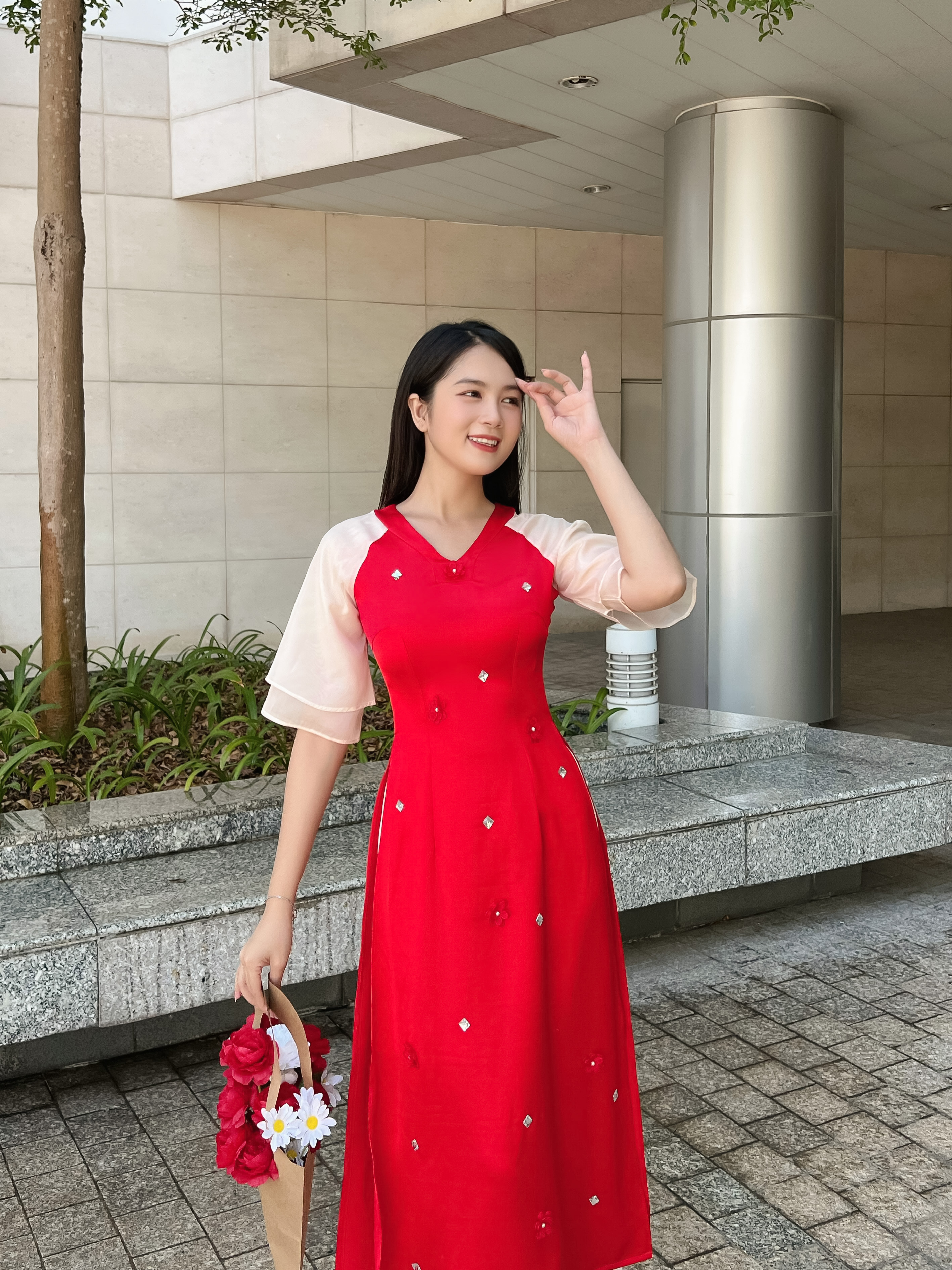 Áo dài cách tân cổ V kết đá dễ thương AD025 - Lady Fashion - Khánh Linh Style