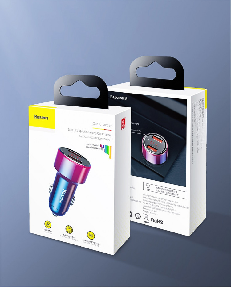 Tẩu củ sạc nhanh đa năng cho xe hơi / xe ô tô trang bị cổng Type-C PD và USB hiệu Baseus Aurora trang bị đen LED hiển thị thông số sạc (Công suất 45W - 6A, Quick Charge 3.0 / Quick Chagre 4.0, sạc nhanh PD) - Hàng chính hãng