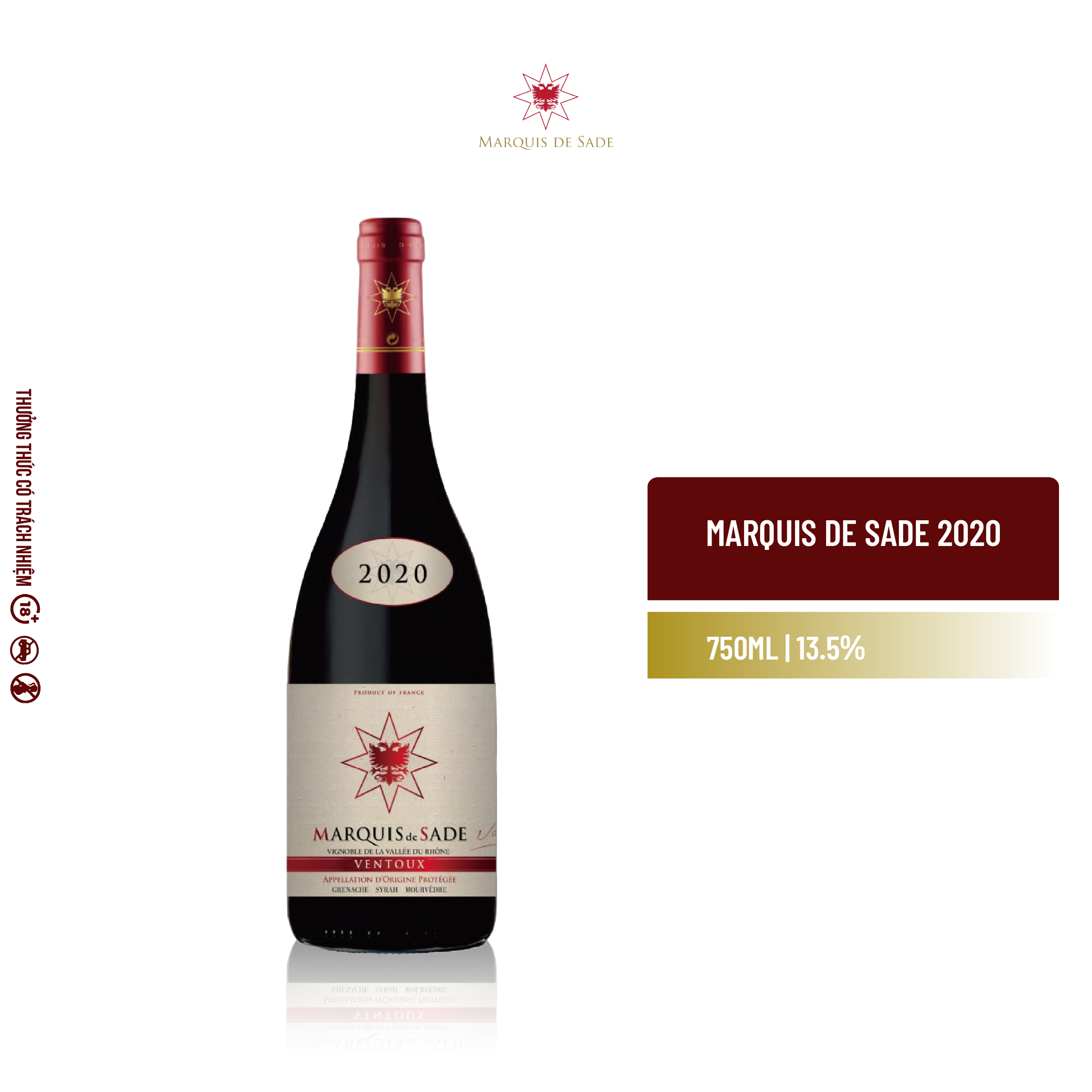 Rượu Vang Marquis De Sade Ventoux Appellation D'Origine Protégée 2020 - Nồng Độ 15.5%. [Không hộp]