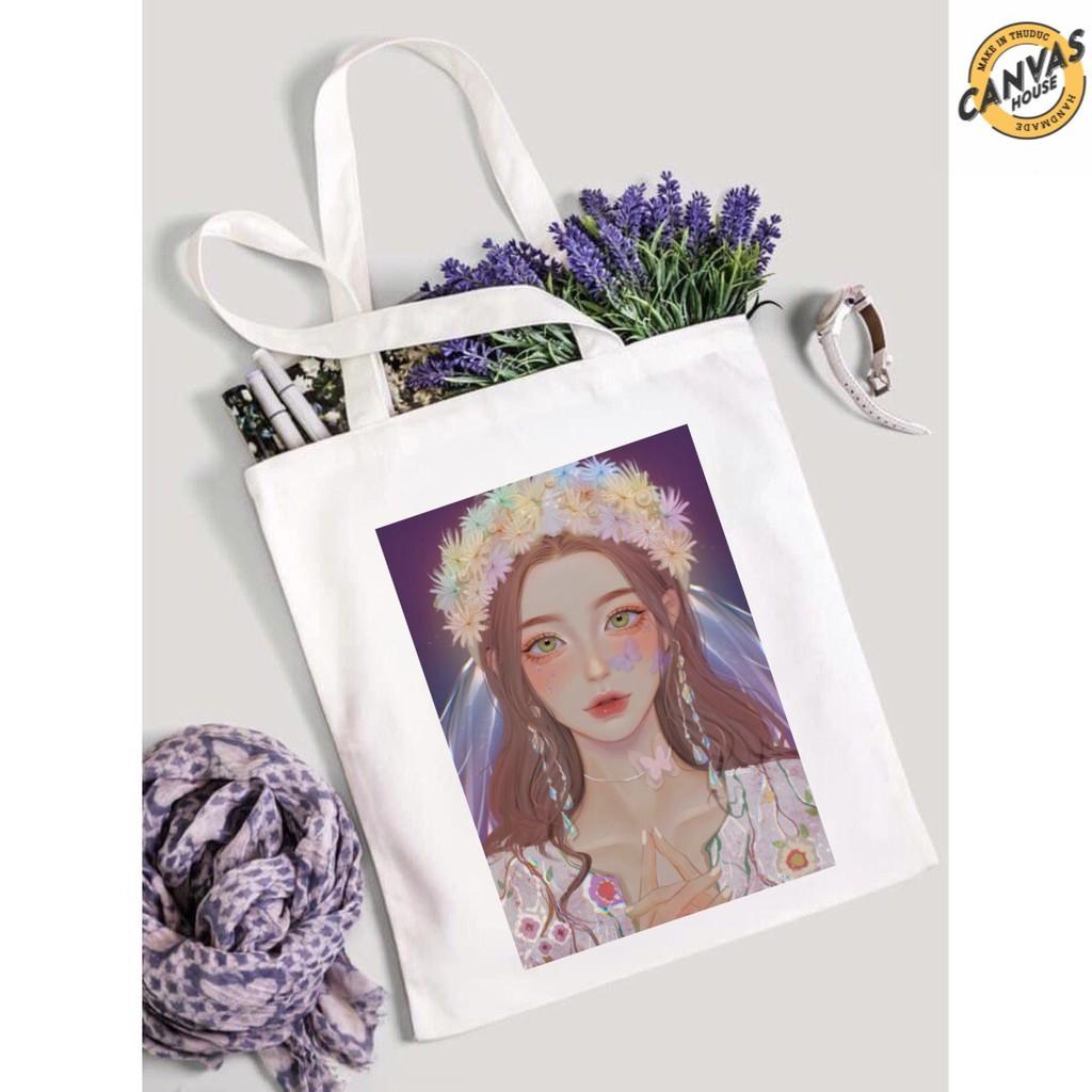 TÚI TOTE VUÔNG VẢI CANVAS ĐEO VAI CÔ GÁI CỔ TRANG