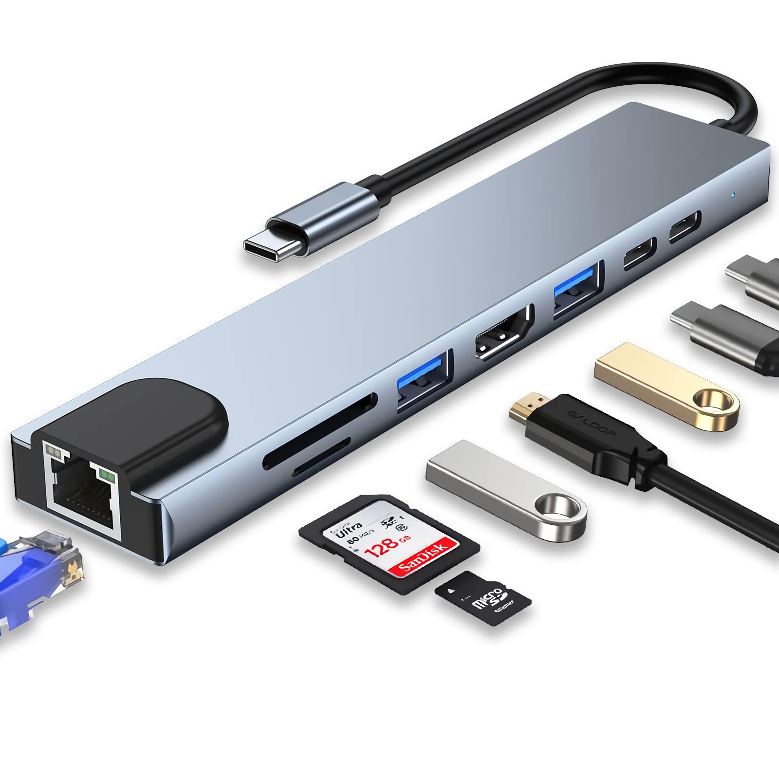 Bộ Chuyển Đổi Hub USB C Hub 8 Trong 1 Type C 3.1 Sang 4K RJ45 Đọc Thẻ SD / TF Cho MacBook Notebook Laptop Máy Tính-Hàng Chính Hãng