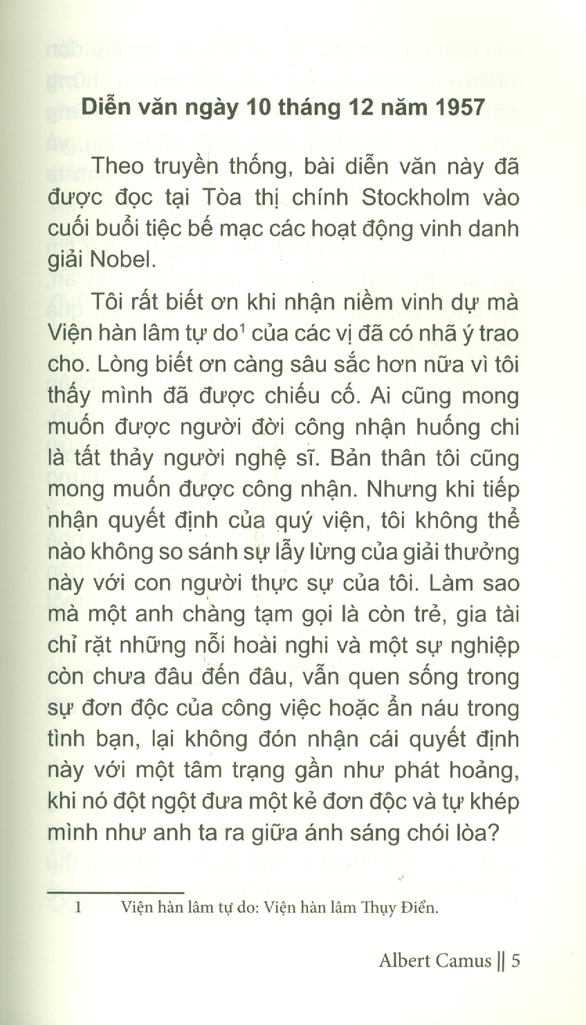 DIỄN VĂN TẠI THỤY ĐIỂN – Albert Camus – Nguyễn Bình Phương dịch – Trường Phương Books – NXB Văn Học
