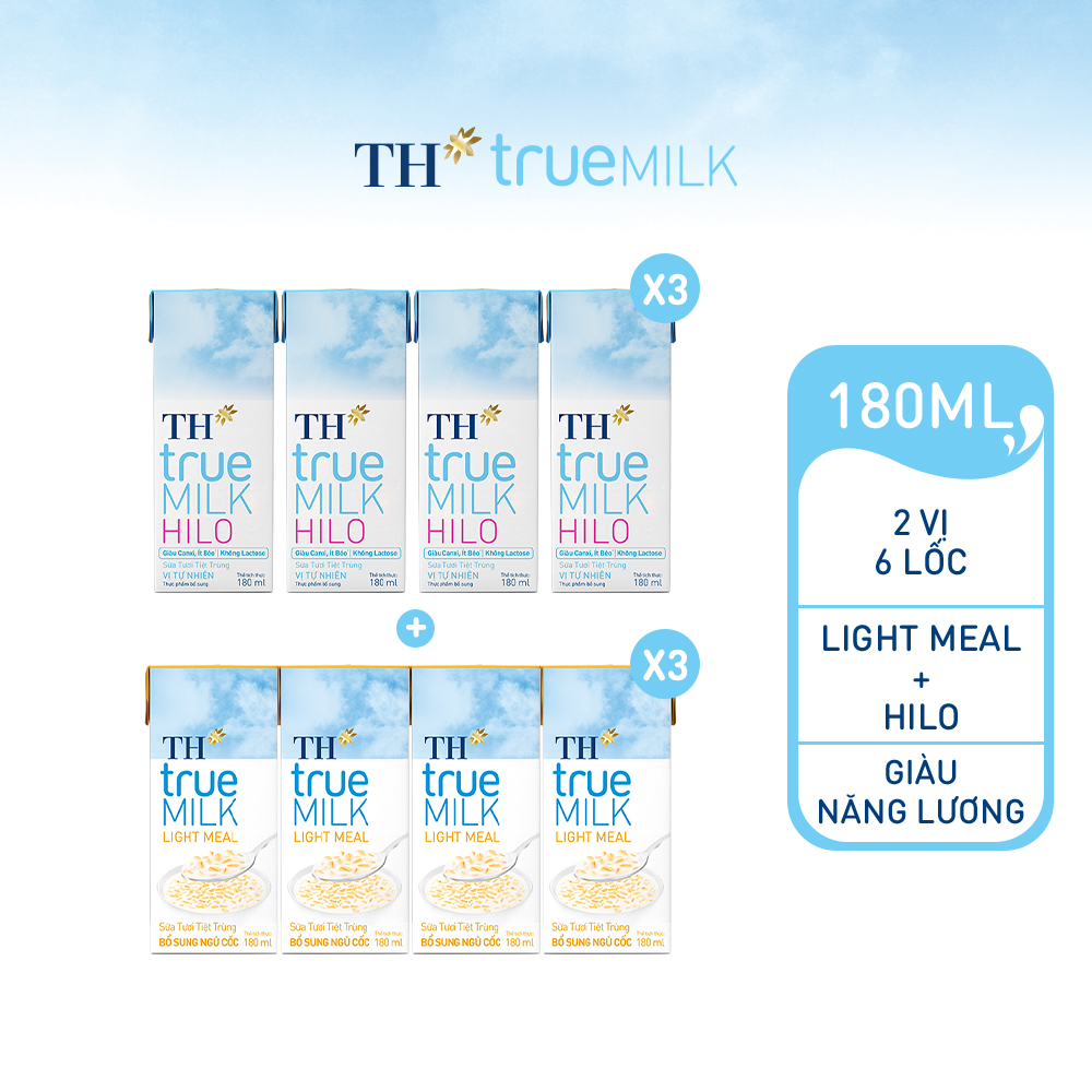 Combo 3 lốc sữa tươi tiệt trùng TH true Milk HILO Hilo &amp; 3 lốc sữa tươi tiệt trùng TH True Milk Light Meal bổ sung ngũ cốc (180ml x 24)