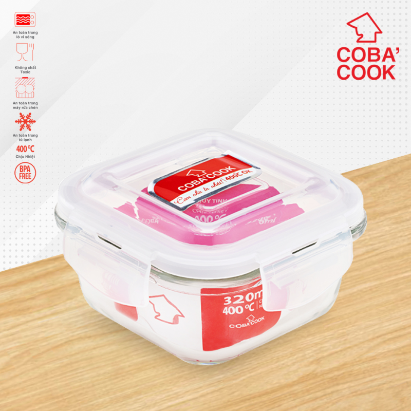 Hộp thủy tinh chịu nhiệt COBA'COOK hình vuông dung tích 320ml- CBHS320