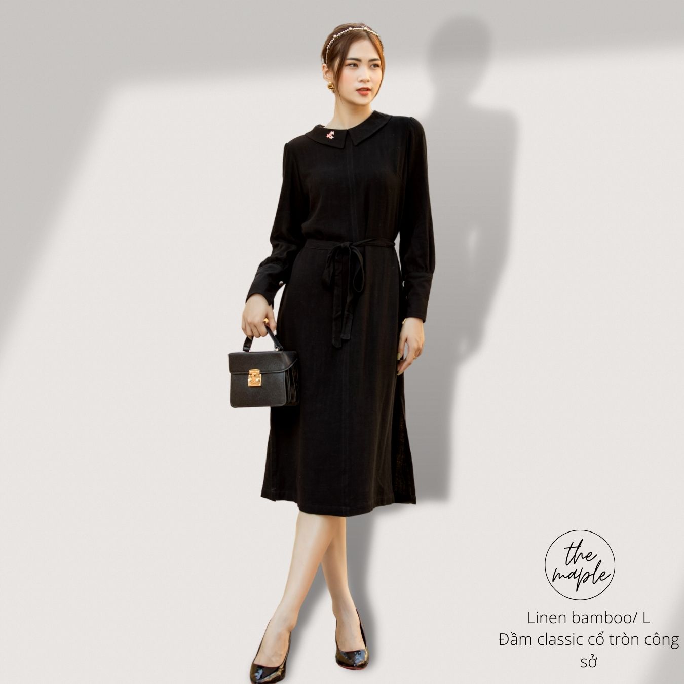 Đầm Linen form suông dài thắt eo Đen
