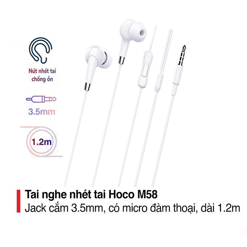 Tai nghe nhét tai jack 3.5mm Hoco M58 dây tròn cao cấp có micro dài 1.2M cho Smartphone ( 2 màu ) - Hàng chính hãng