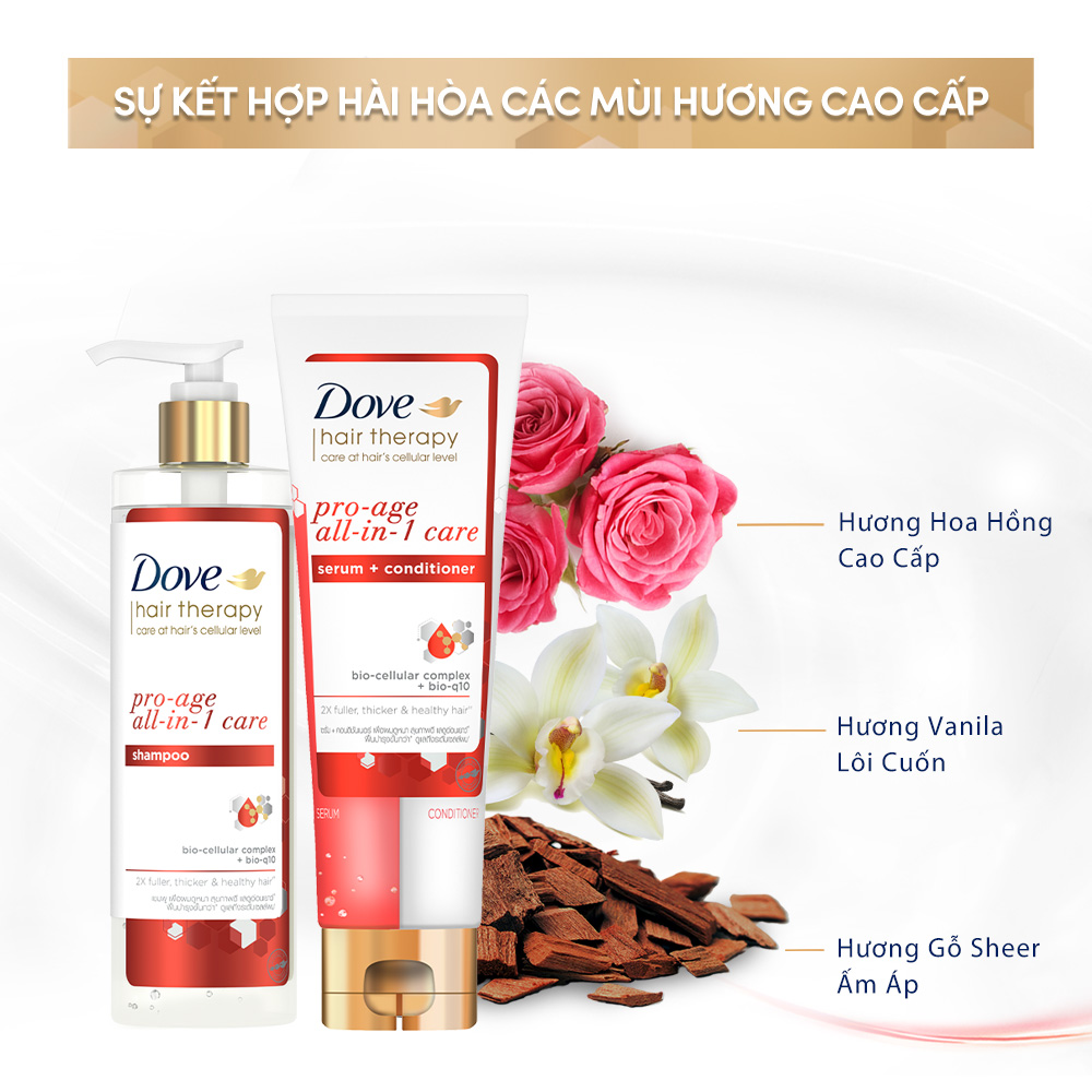 Combo Dầu gội và Kem Xả Serum 2 trong 1 Dove Pro-age Tóc phồng dày và Ngăn lão hóa 380ml, 230 ml