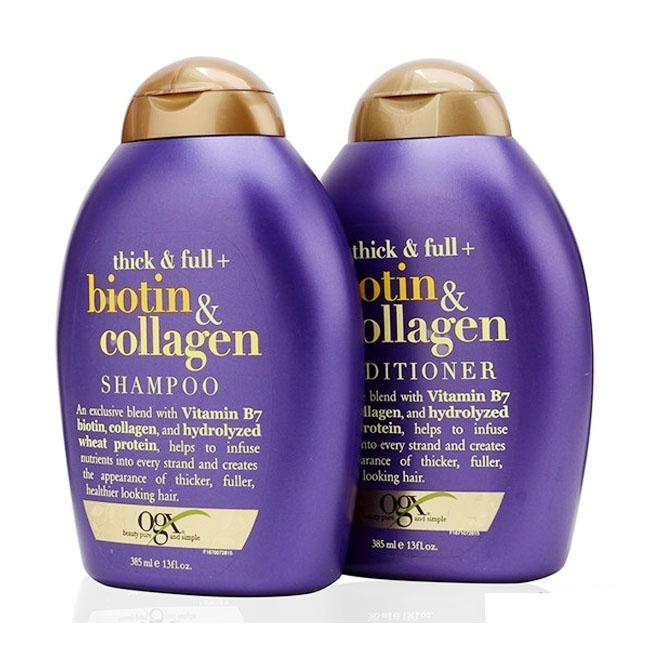 Dầu gội đầu OGX Thick & full + biotin & collagen 385ml, cải thiện tình trạng xơ, rụng, gãy, phục hồi tóc hư tổn, bổ sung độ ẩm cho tóc đàn hồi.