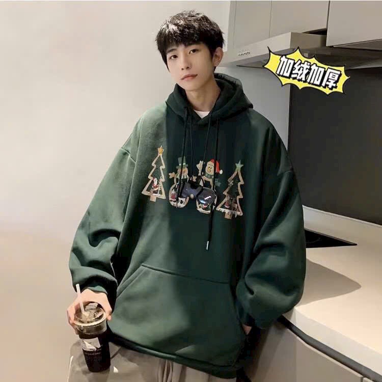 Hình ảnh Áo khoác thun nỉ hoodie in hình cây thông noel from rộng mũ to chống nắng tốt, áo sweater giáng sinh 2024 tay Dài from Dáng Rộng In Họa Tiết Phong Cách Hàn Quốc Thời Trang Thu Đông Cho Nam nữ cặp đôi unisex