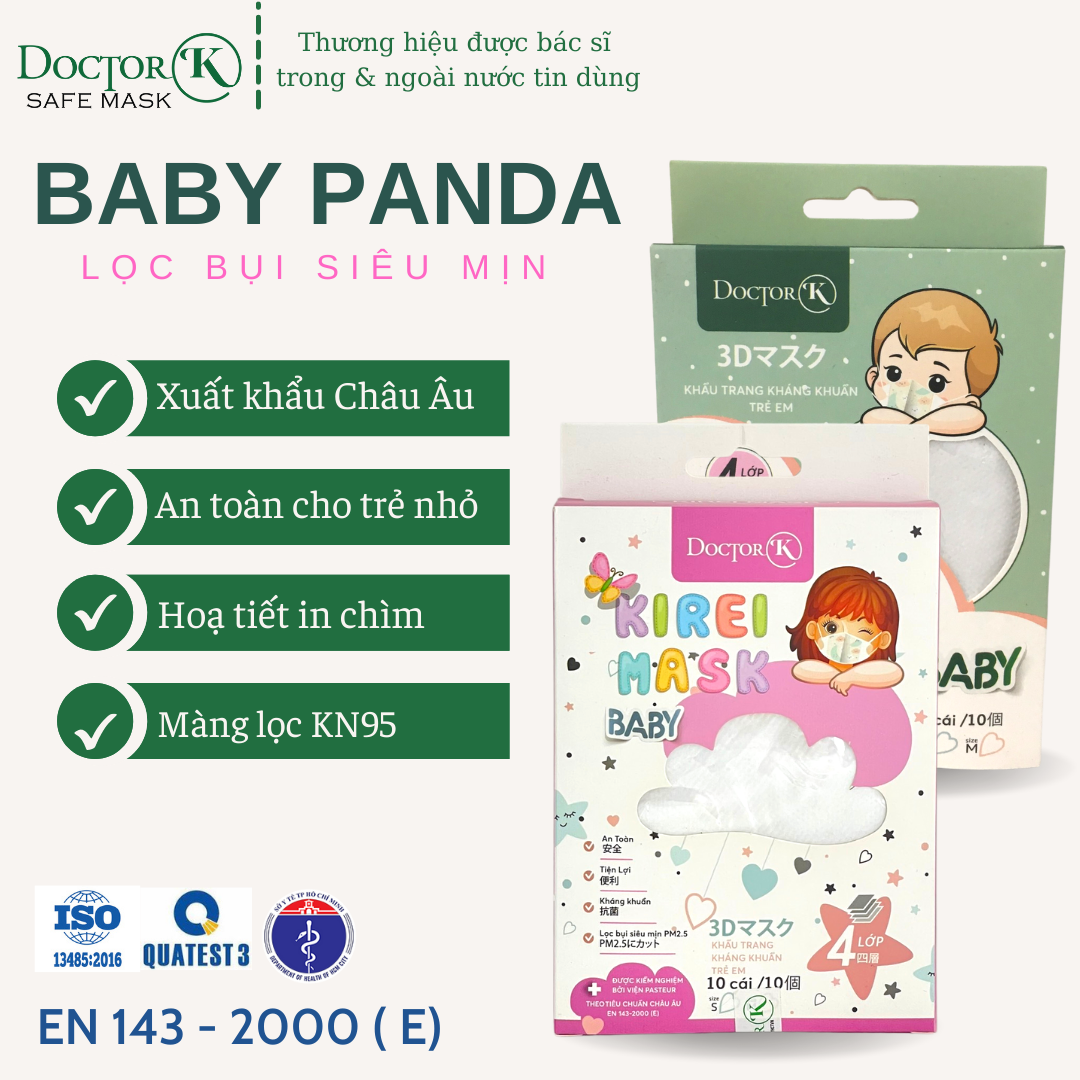 Khẩu trang dành cho bé - màu trắng có hình chú Gấu Panda in chìm- thương hiệu Doctor K - an tâm sử dụng