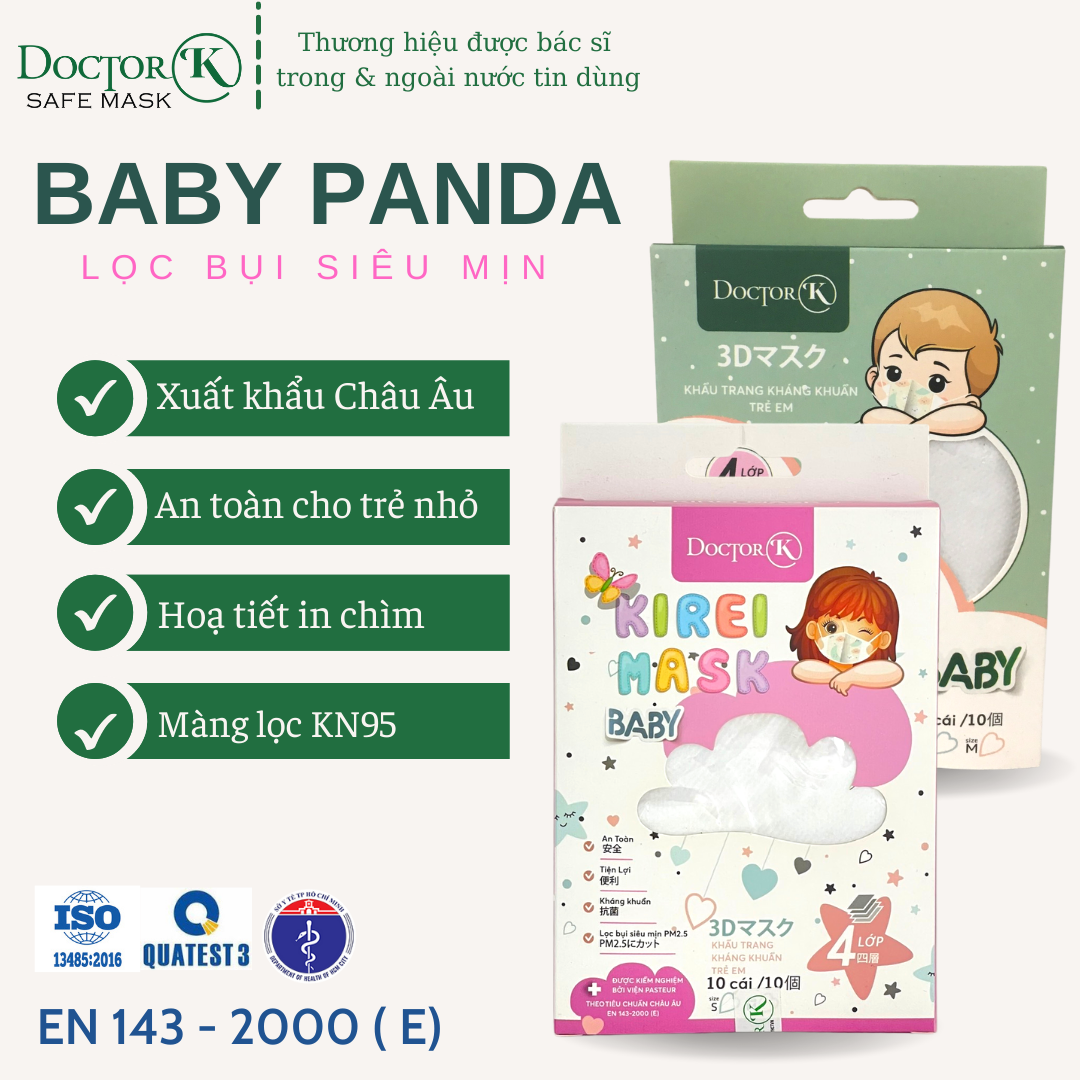 < 1 HỘP 10 CÁI> Khẩu trang dành cho bé - màu trắng có hình chú Gấu Panda in chìm- thương hiệu  Doctor K - an tâm sử dụng