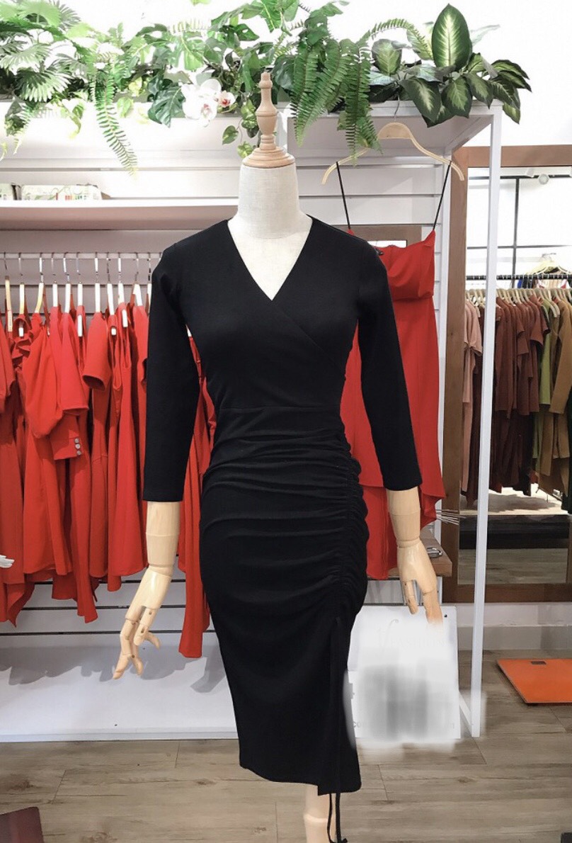 F795 Đầm ôm cổ tim chéo tay dài đùi rút dây xéo form dài