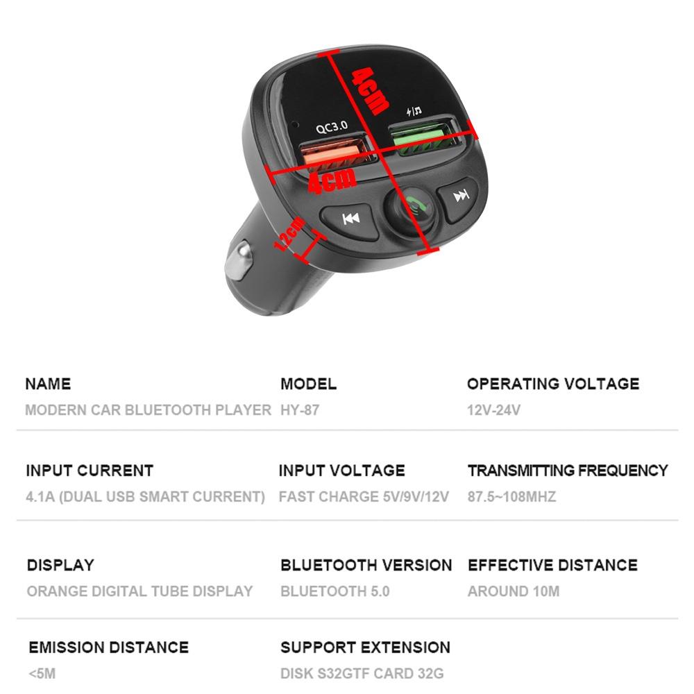 Tẩu sạc hai cổng USB Bluetooth 5.0 QC 3.0 có đèn LED hỗ trợ thẻ nhớ TF/ máy nghe nhạc MP3 rảnh tay cho xe hơi