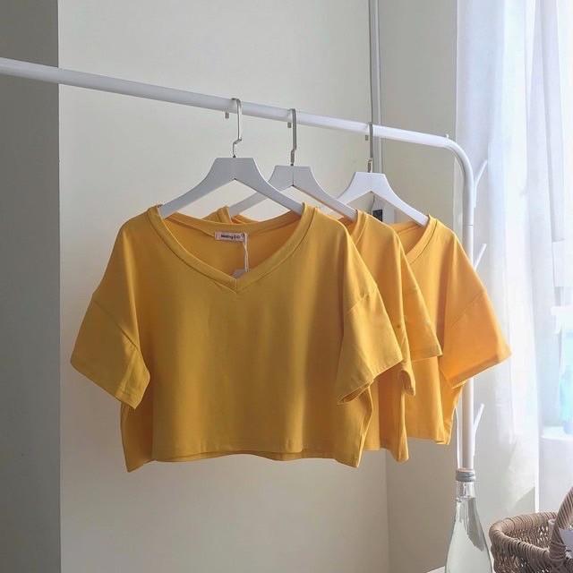 Áo thun nữ cộc tay croptop cổ tim Hàn Quốc cá tính form rộng