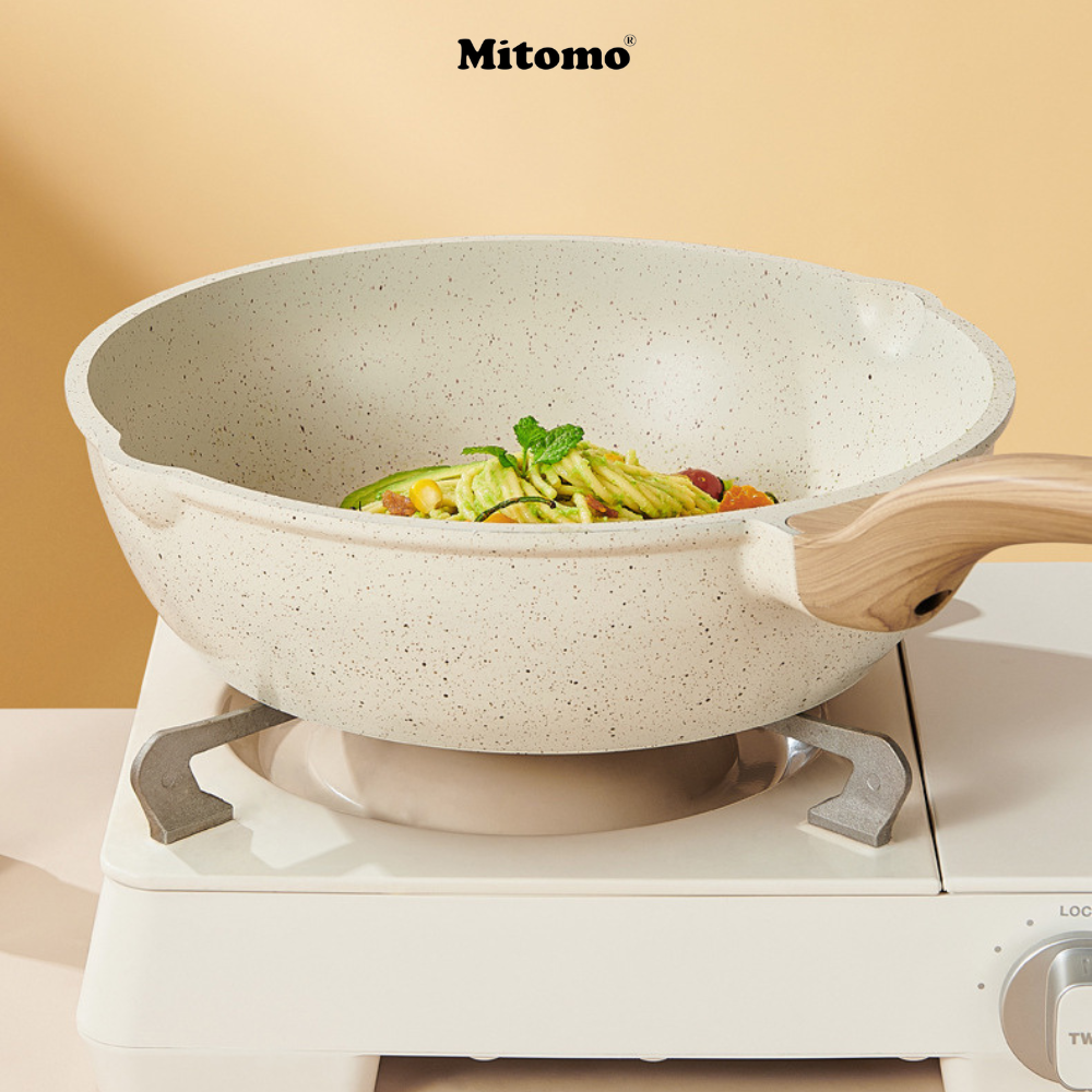 Bộ nồi vân đá chóng dính cao cấp 4 món Mitomo, đúc nguyên khối, nấu trên mọi loại bếp - Hàng chính hãng