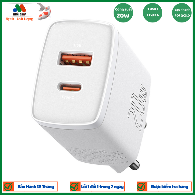 Cốc sạc nhanh siêu nhỏ gọn chân tròn Baseus Compact Quick Charger 20W (USB + Type C Dual Port, 20W PD/QC 3.0 Multi Quick Charge Support) dùng cho Samsung / Xiaomi/ Huawei/ OPPO / iPhone/iPad......Hàng chính hãng