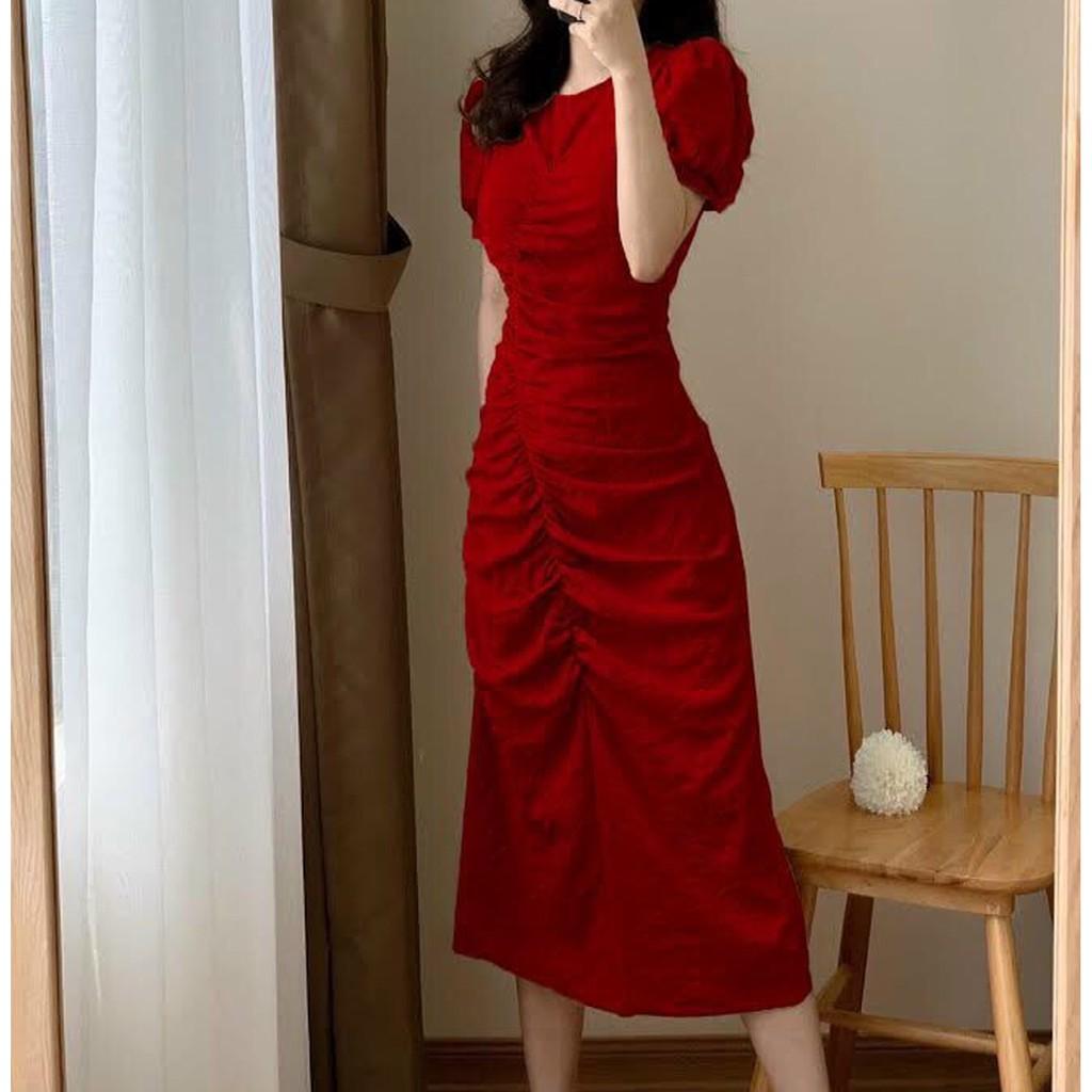 ĐẦM NHÚN THÂN TAY BỒNG ĐỎ - DA2364