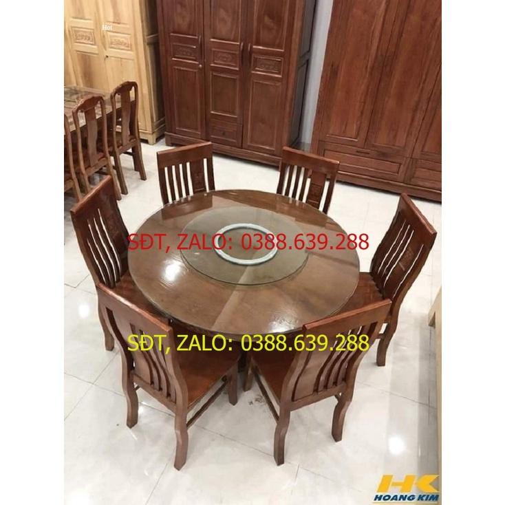 Bộ bàn ghế ăn bàn tròn kính xoay 6 ghế gỗ sồi nga
