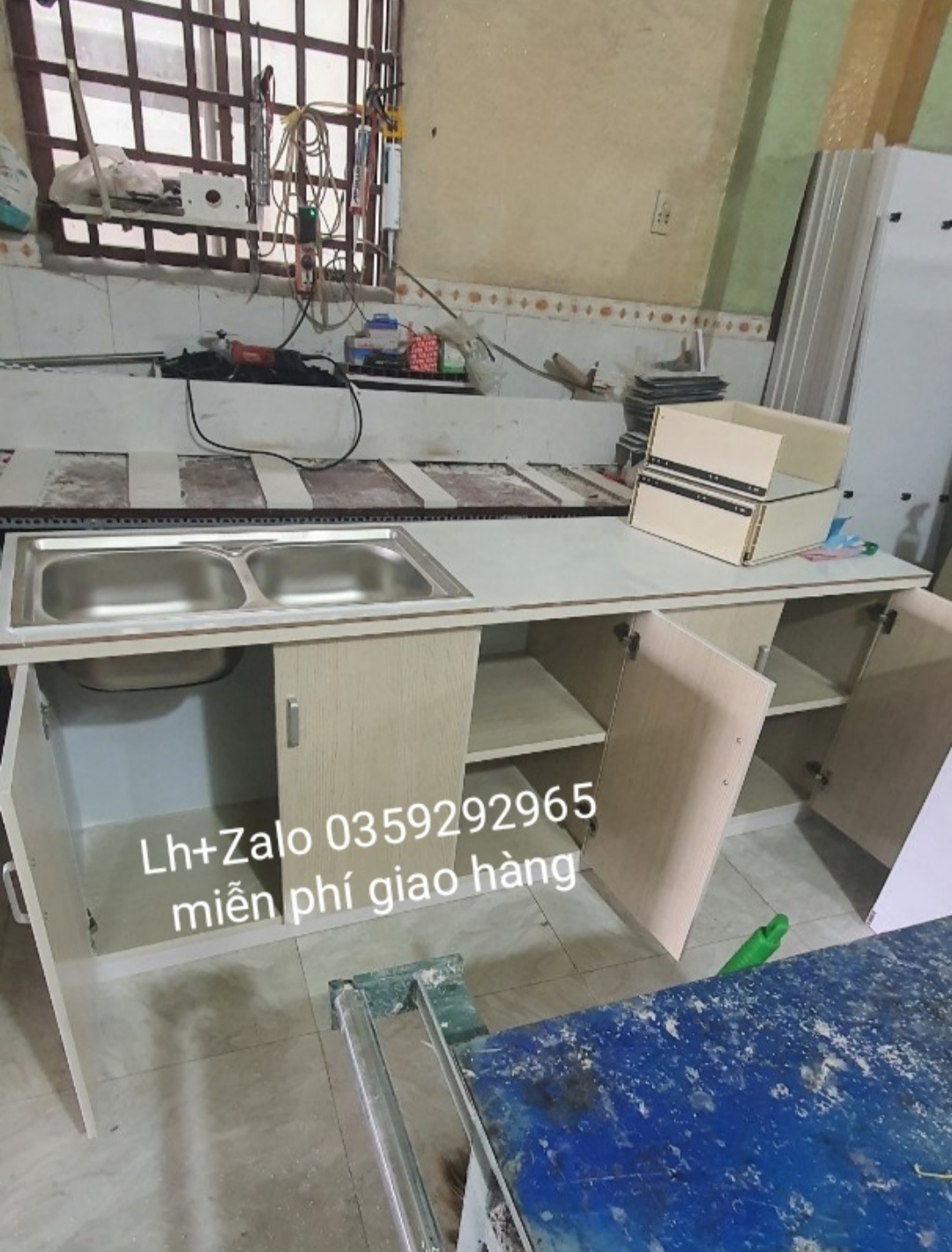 Tủ bếp mini nhựa đài Loan mặt gạch 2 chậu rửa