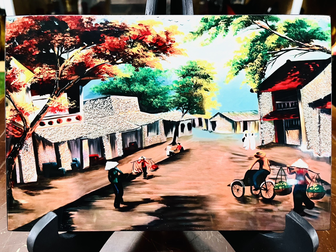 Tranh sơn mài phố cổ vẽ màu cẩn trứng đẹp Thanh Bình Lê size 20x30 cm