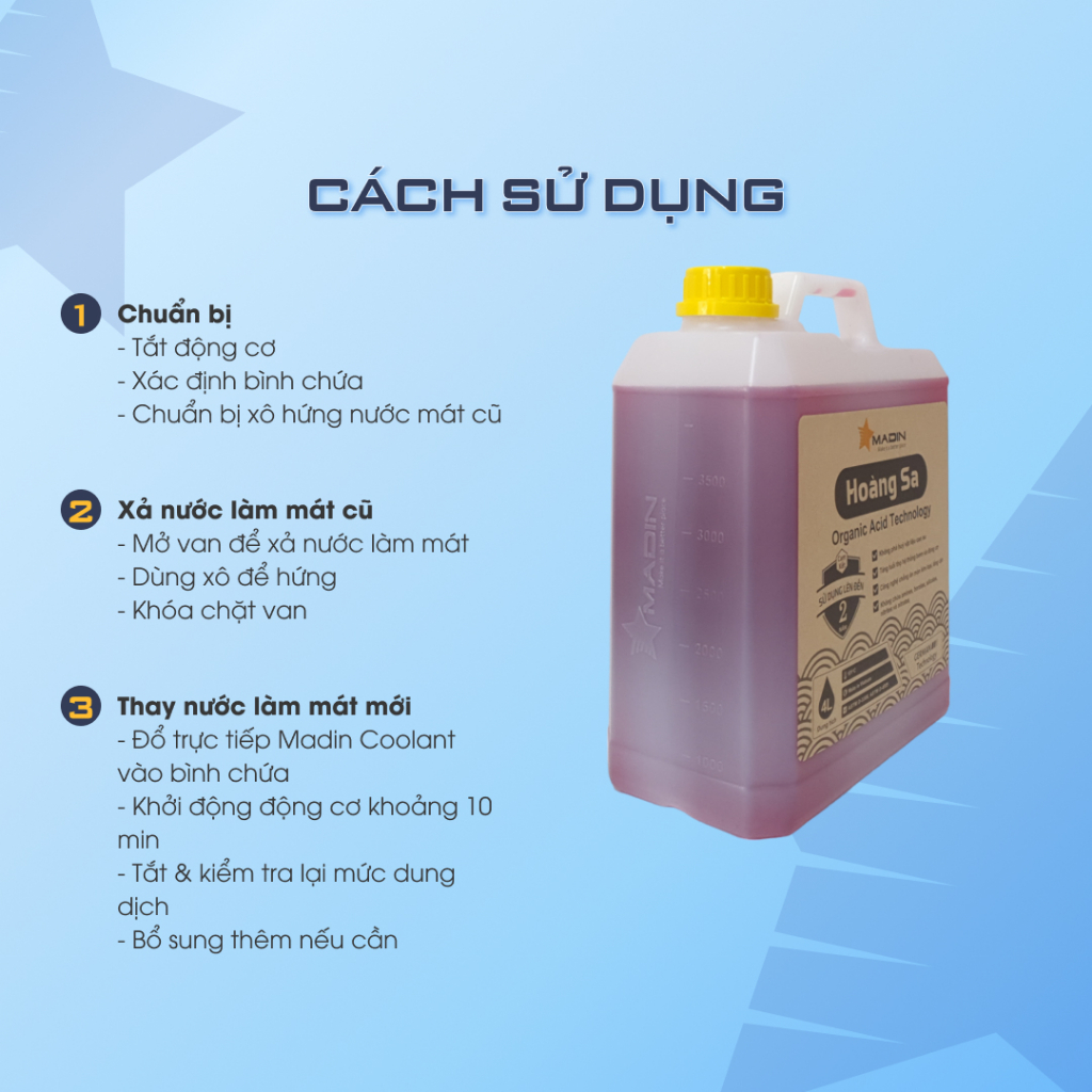 Nước làm mát ô tô, xe máy, Động Cơ Madin Coolant Hoàng Sa 4L