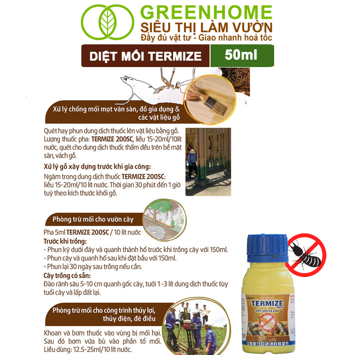 Thuốc Diệt Mối Tận Gốc Greenhome Termize 200SC, Chai 50ml, Sinh Học Thế Hệ Mới, An Toàn, Không Mùi, Diệt Cả Đàn