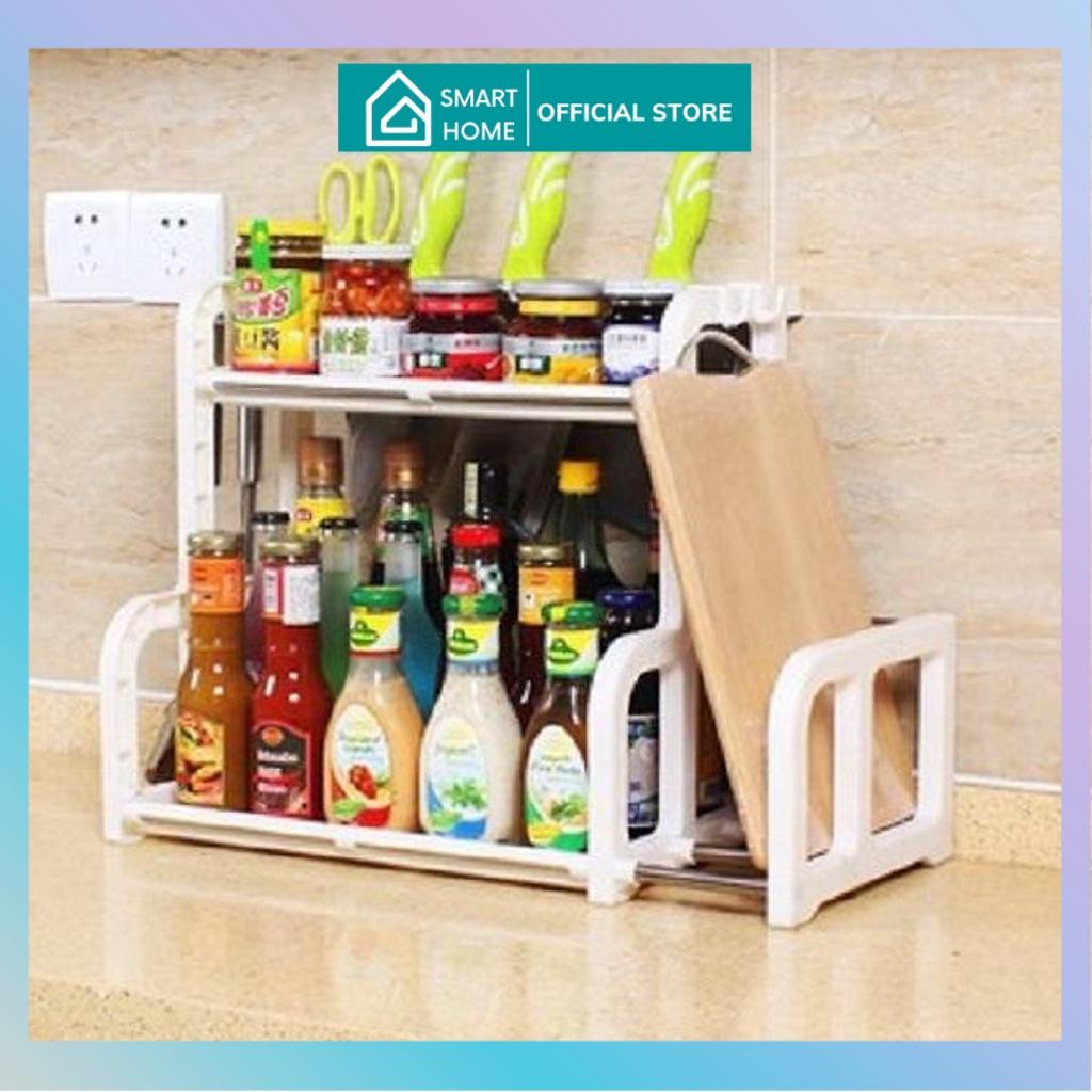 Kệ Đựng Gia Vị Nhà Bếp Bằng Nhựa 2 Tầng Nhỏ Gọn - Tiện Dụng Hình Chữ H Kèm Giá Để Thớt