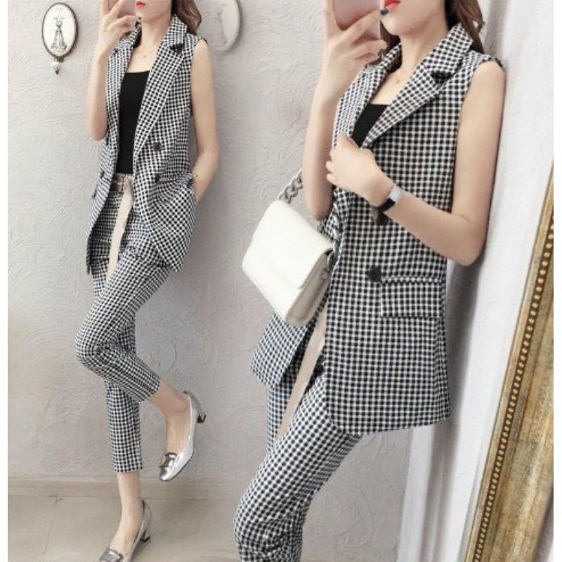 SET BỘ 3 MÓN KIỂU VEST CARO KÈM BELT