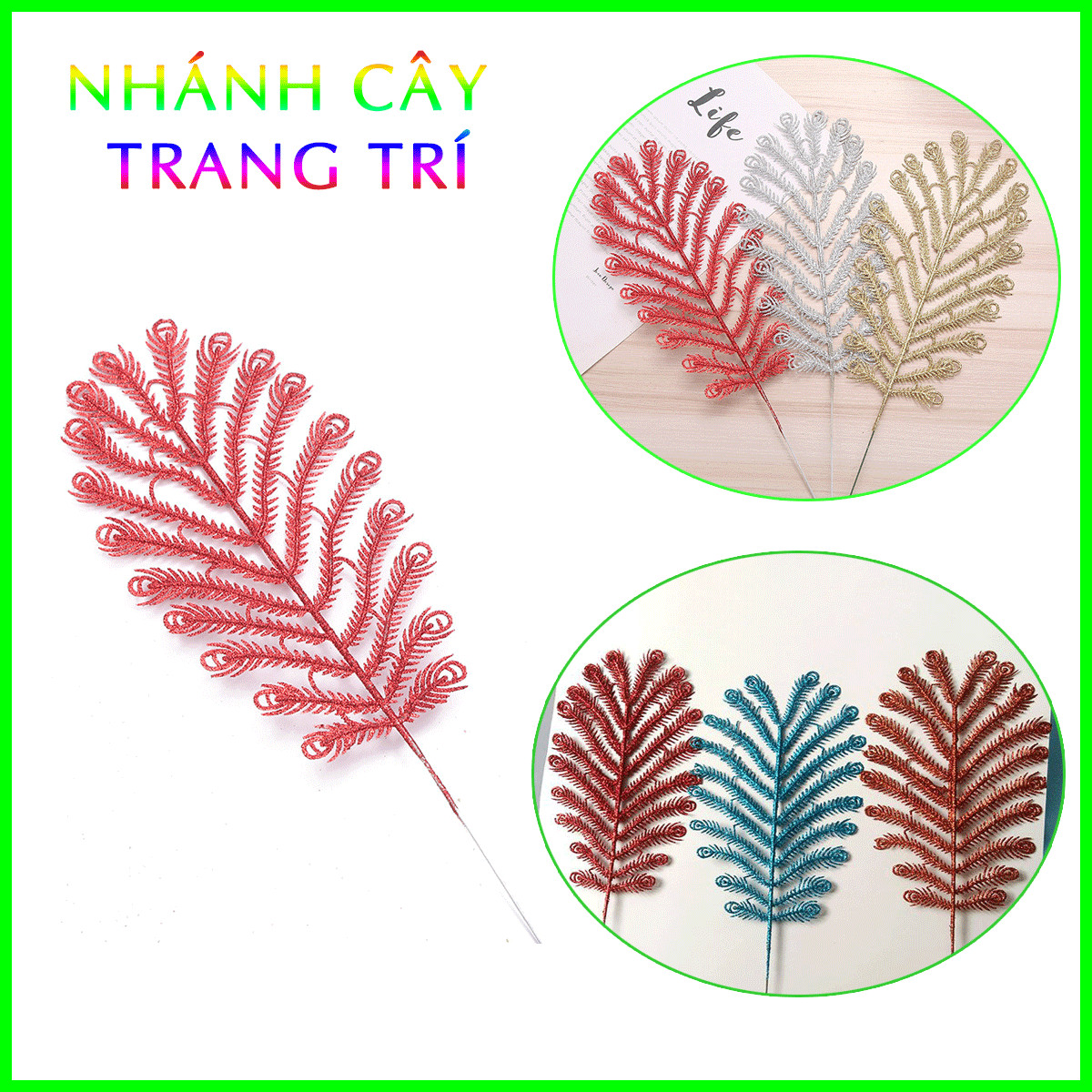 Nhánh Lông Công 38cm Hình Quạt Kim Tuyến Trang Trí Tết