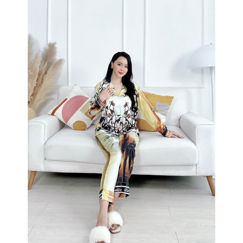 Set bộ Pijama nữ quần dài ống suông rộng và áo tay dài in họa tiết vải lụa latin cao cấp - HMN Fashion