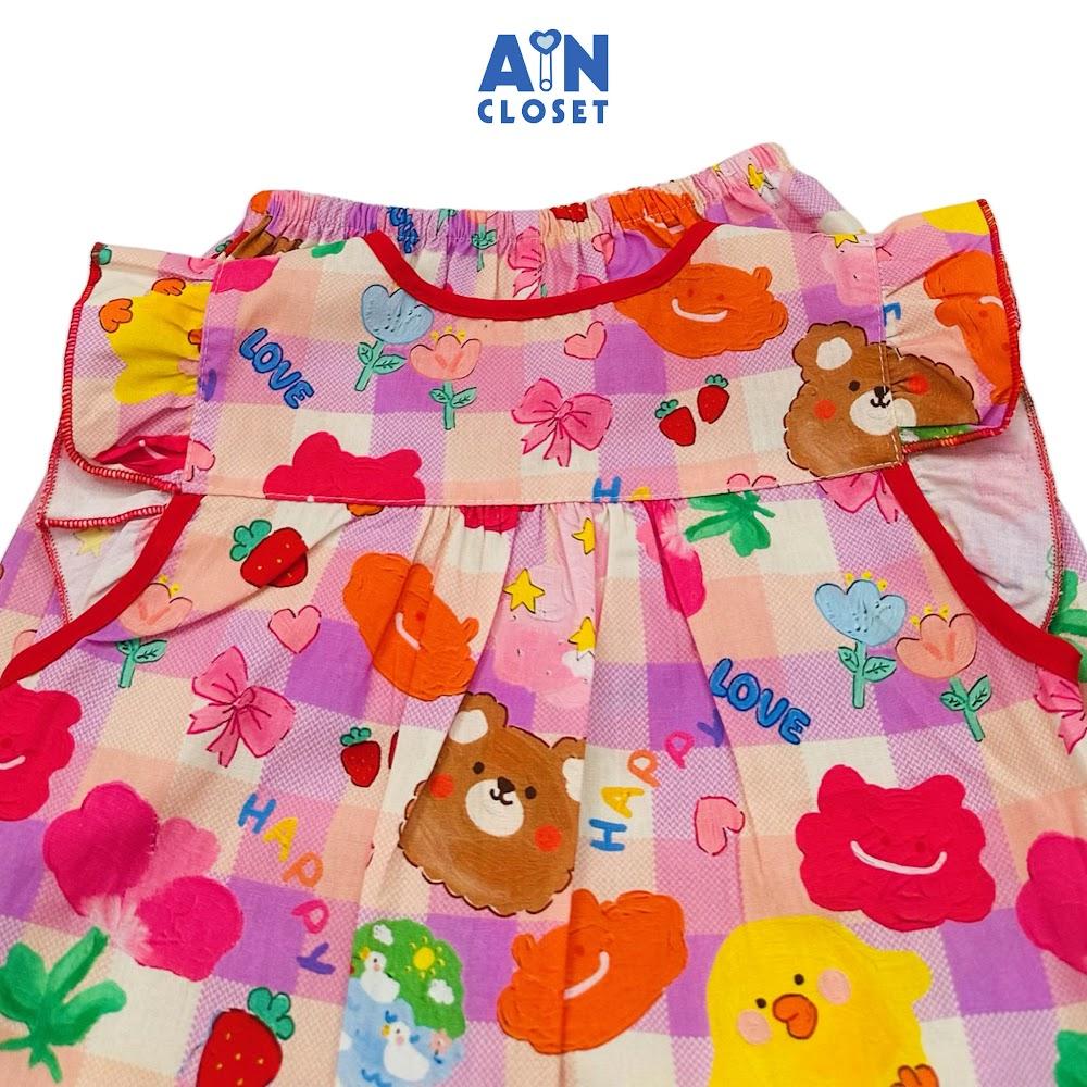 Bộ quần áo Ngắn bé gái hoạ tiết Caro Gấu Tím Cotton - AICDBGY84HOX - AIN Closet