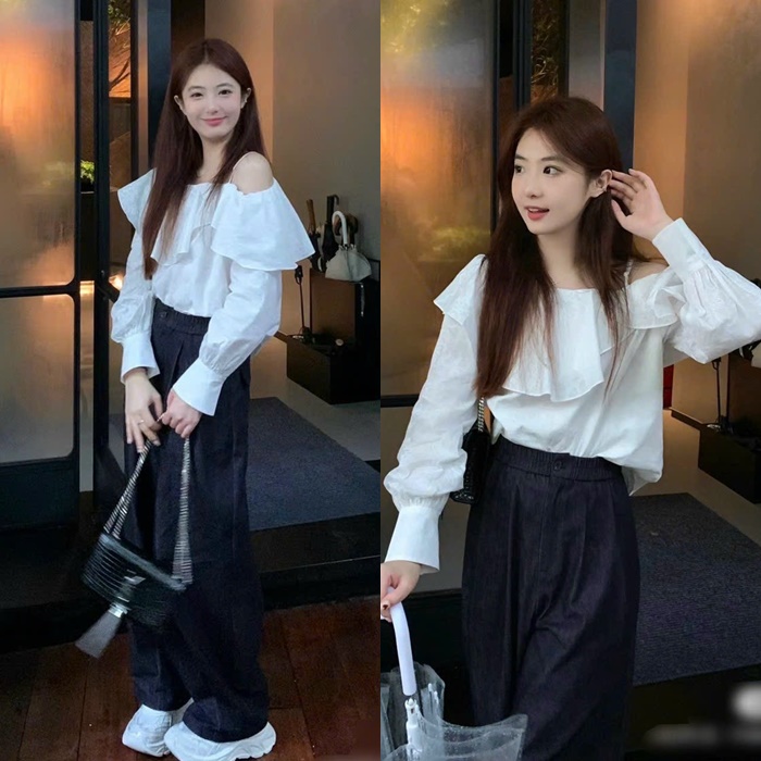 SET ÁO DÂY TRỄ VAI SƠ MI BÈO RỘNG TRẮNG + QUẦN DÀI ỐNG RỘNG LƯNG CAO SUÔNG ĐỨNG JEANS ĐI CHƠI DẠO PHỐ ĐI TIỆC ĐI BIỂN